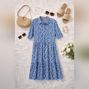 VILAGALLO EVELINE Blue Leopard Tiered Midi Cotton Lined Dress. Ladies Size 12